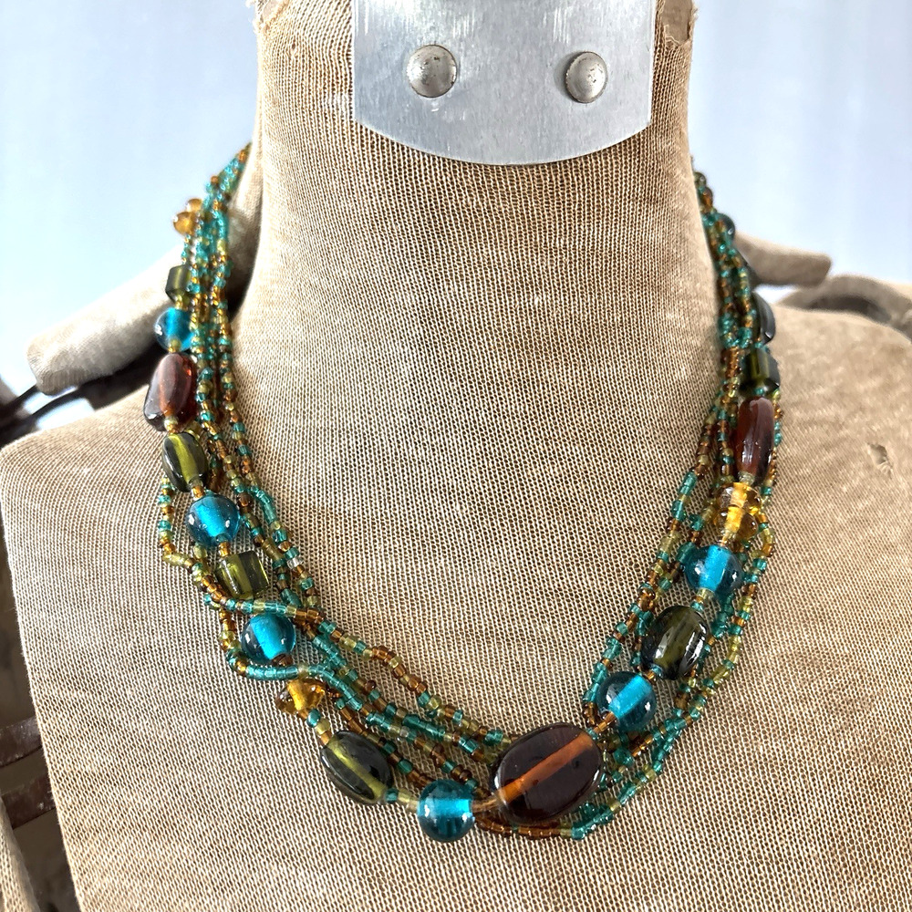 Glass Beaded Necklace 18” Multistrand Blue Green Thick and Thin Boho
